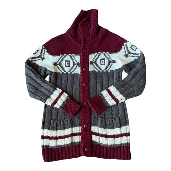 Vintage Retro Sigallo Knit Cardigan big collar, Gray, Maroon & Cream size medium - Picture 3 of 12